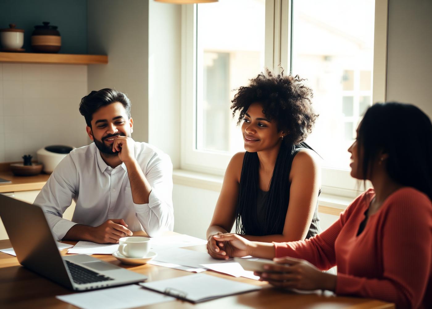 Young professionals from different backgrounds looking over financial paperwork together at a sunlit table